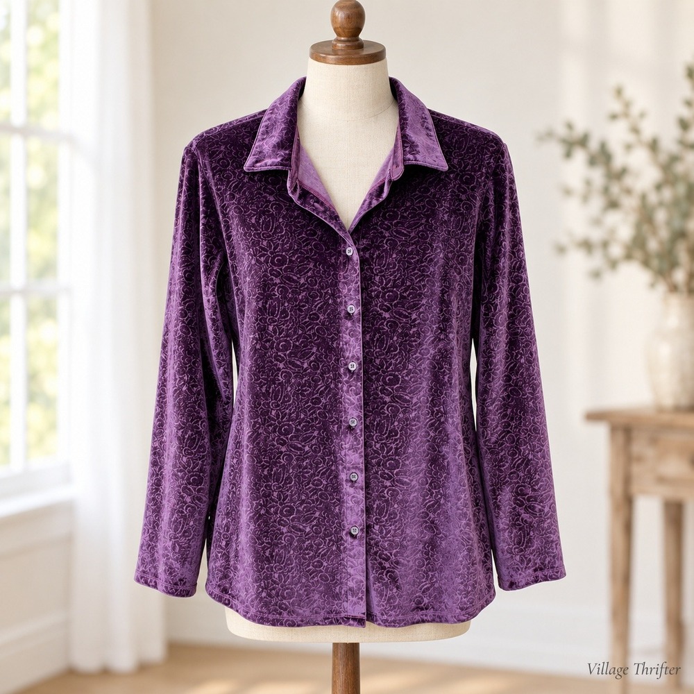Lands' End Button Front Shirt Womens MP Purple Velvet Floral 90s Glam Luxe